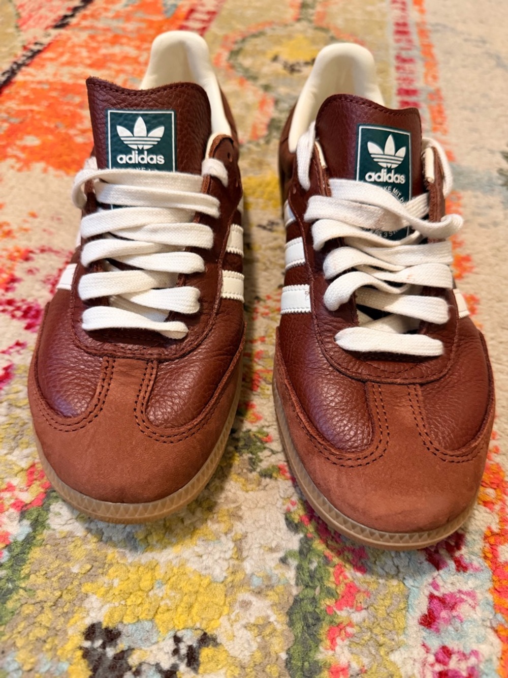 ADIDAS Brown Leather Sneakers with White Stripes. Size US men’s 6.5 / Women’s 8 - Picture 2 of 13